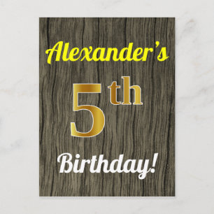 Carte Postale Faux Wood, Faux Gold 5e Anniversaire & Nom personn