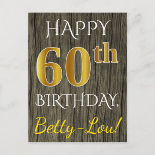 Carte Postale Faux Wood, Faux Gold 60e anniversaire + Nom person