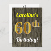Carte Postale Faux Wood, Faux Gold 60th Birthday & Custom Name (Devant / Derrière)