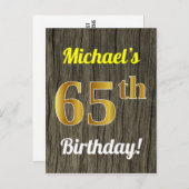 Carte Postale Faux Wood, Faux Gold 65th Birthday & Custom Name (Devant / Derrière)