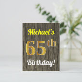 Carte Postale Faux Wood, Faux Gold 65th Birthday & Custom Name (Debout devant)