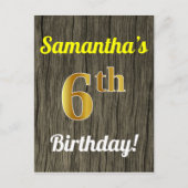 Carte Postale Faux Wood, Faux Gold 6e anniversaire & Nom personn (Devant)