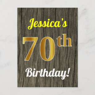 Carte Postale Faux Wood, Faux Gold 70e Anniversaire & Nom person