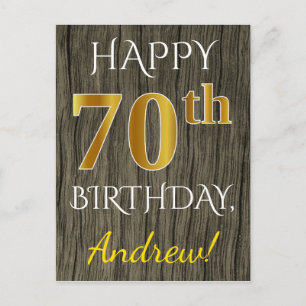 Carte Postale Faux Wood, Faux Gold 70e anniversaire + Nom person