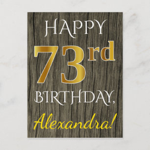Carte Postale Faux Wood, Faux Gold 73e anniversaire + Nom person