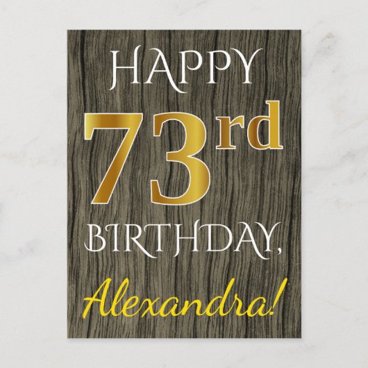 Carte Postale Faux Wood, Faux Gold 73e anniversaire + Nom person (Devant)