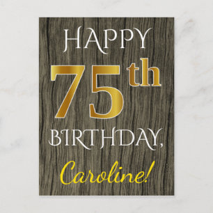 Carte Postale Faux Wood, Faux Gold 75e anniversaire + Nom person