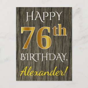 Carte Postale Faux Wood, Faux Gold 76e anniversaire + Nom person