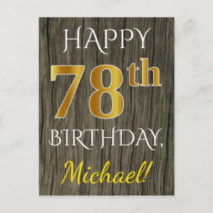Carte Postale Faux Wood, Faux Gold 78e anniversaire + Nom person