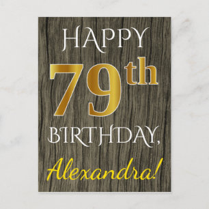 Carte Postale Faux Wood, Faux Gold 79e anniversaire + Nom person