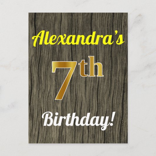 Carte Postale Faux Wood, Faux Gold 7e anniversaire & Custom Name (Devant)