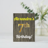 Carte Postale Faux Wood, Faux Gold 7e anniversaire & Custom Name (Debout devant)