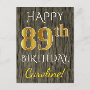 Carte Postale Faux Wood, Faux Gold 89e anniversaire + Nom person