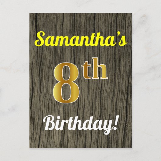 Carte Postale Faux Wood, Faux Gold 8e anniversaire & Custom Name (Devant)