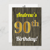 Carte Postale Faux Wood, Faux Gold 90th Birthday & Custom Name (Devant / Derrière)