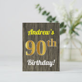 Carte Postale Faux Wood, Faux Gold 90th Birthday & Custom Name (Debout devant)
