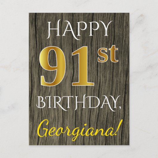 Carte Postale Faux Wood, Faux Gold 91e anniversaire + Nom person (Devant)