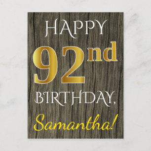 Carte Postale Faux Wood, Faux Gold 92e anniversaire + Nom person