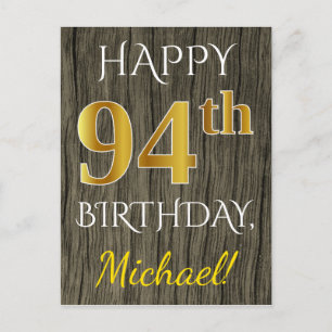 Carte Postale Faux Wood, Faux Gold 94e anniversaire + Nom person