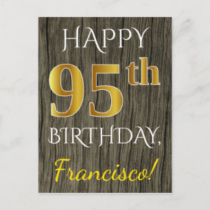Carte Postale Faux Wood, Faux Gold 95e anniversaire + Nom person
