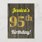 Carte Postale Faux Wood, Faux Gold 95th Birthday & Custom Name (Devant)