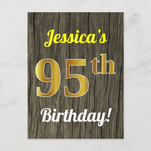 Carte Postale Faux Wood, Faux Gold 95th Birthday & Custom Name (Devant)