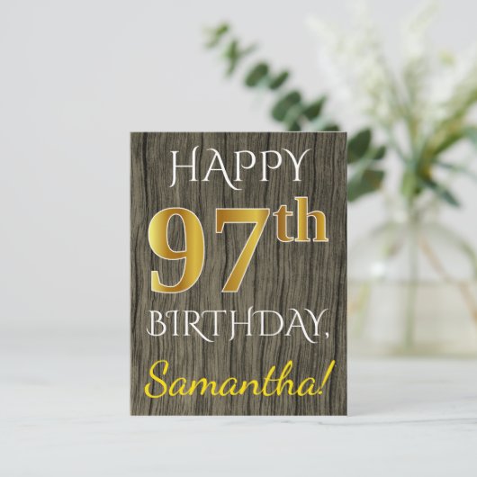 Carte Postale Faux Wood, Faux Gold 97e anniversaire + Nom person (Debout devant)