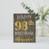 Carte Postale Faux Wood, Faux Gold 98e anniversaire + Nom person (Debout devant)