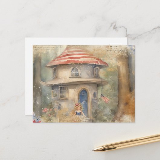 Carte Postale Fée à l'aquarelle chez elle (Devant/Arrière en situation)