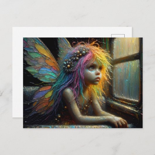 Carte Postale Fée adorable à bord d'un train (Devant / Derrière)