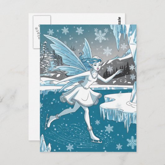 Carte Postale Fée adorable de patin à glace bleu blanc (Devant / Derrière)