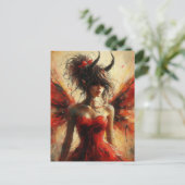 Carte Postale Fée adorable en robe rouge avec des cornes (Debout devant)