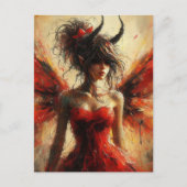 Carte Postale Fée adorable en robe rouge avec des cornes (Devant)