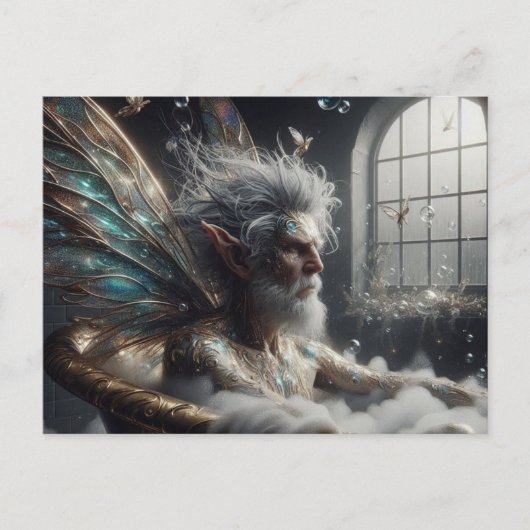 Carte Postale Fée aîné homme Cheveux Gris dans le Bain Moussant (Devant)