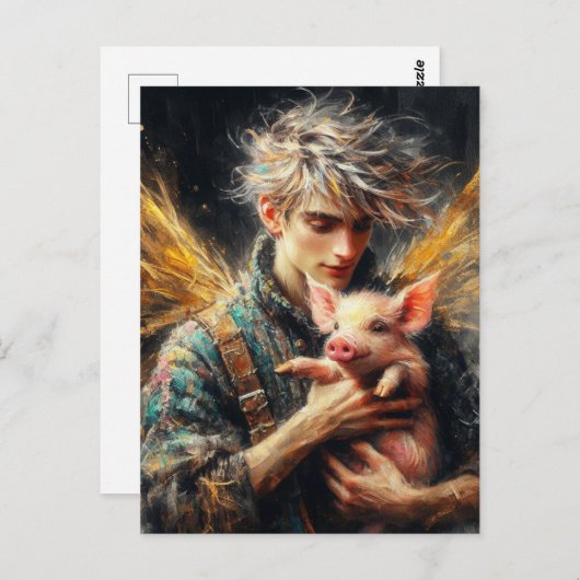 Carte Postale Fée Avec Bébé Cochon (Devant / Derrière)