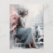 Carte Postale Fée avec chat blanc sur les escaliers (Devant)