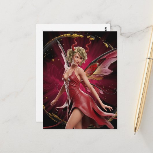 Carte Postale Fée avec des cornes dans une robe rouge (Devant/Arrière en situation)