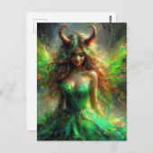 Carte Postale Fée avec des cornes en robe verte (Devant / Derrière)