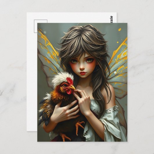 Carte Postale Fée avec un poulet (Devant / Derrière)