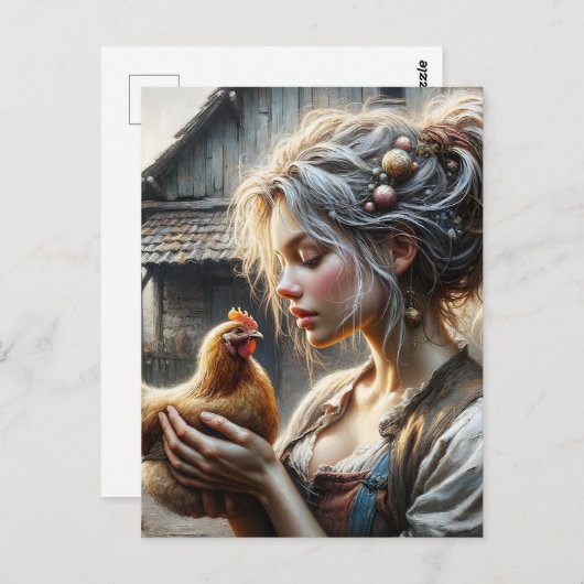 Carte Postale Fée avec une poule (Devant / Derrière)