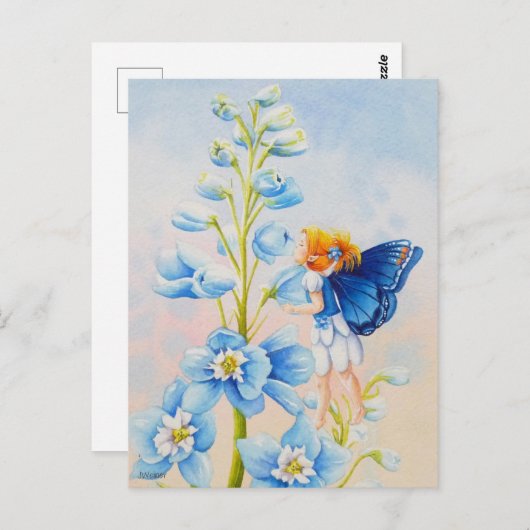 Carte Postale Fée bleue sur l'aquarelle de la fleur de Delphiniu (Devant / Derrière)