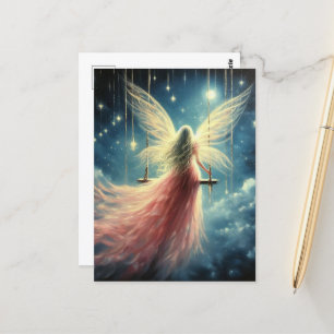 Carte Postale Fée blonde sur une couture en robe rose