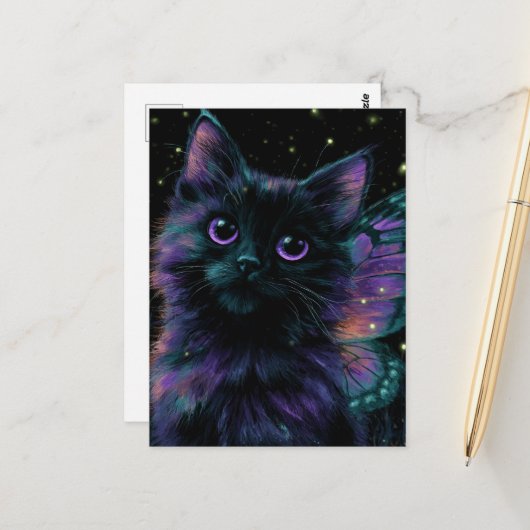 Carte Postale Fée Chat Noir Adorable (Devant/Arrière en situation)