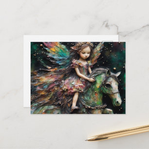 Carte Postale Fée chevauchant son poney vert