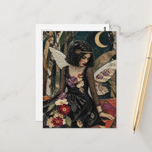 Carte Postale Fée Collage en techniques mixtes (Devant/Arrière en situation)