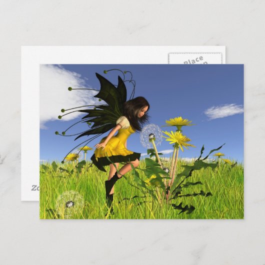 Carte Postale Fée Dandelion avec Arrière - plan Springtime (Devant / Derrière)
