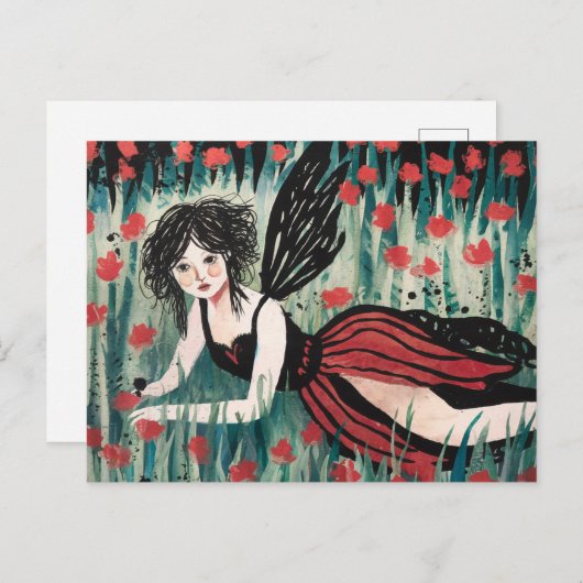 Carte Postale Fée dans une aquarelle de prairie fleurie (Devant / Derrière)