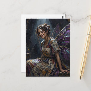 Carte Postale Fée dans une robe de chiffons colorés recyclés