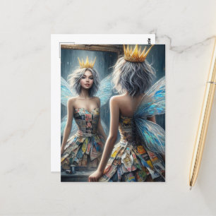 Carte Postale Fée dans une robe de journal Recyclée