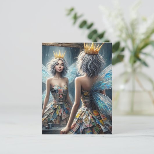 Carte Postale Fée dans une robe de journal Recyclée (Debout devant)